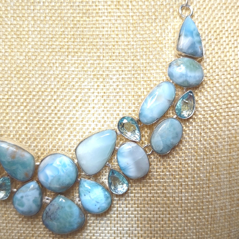 Natural Larimar Statement Necklace With Aquamarine Accents - Picture 4 of 8
